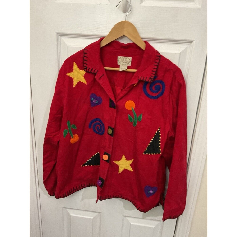 Vintage 90s Khaki Rose Red Whimsical Art Teacher Patchwork Jacket Large